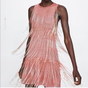 NWT Zara Limited Edition Fringed Dress Salmon Sequins Size L